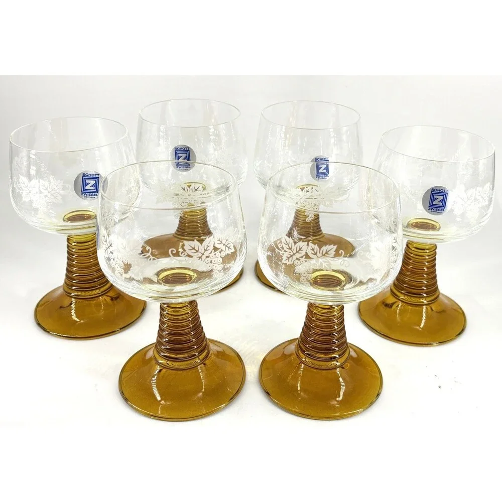 Schott Zwiesel Amber Stem Etched Wine Glasses Set of 6 Vintage German Crystal